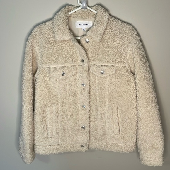 POP SUGAR Womens MD Cream Faux Shearling Trucker Style Button Down Jacket Teddy - Picture 1 of 11